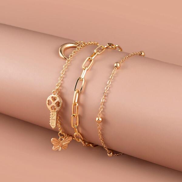 

3pcs Key Butterfly Decor Bracelet, Gold