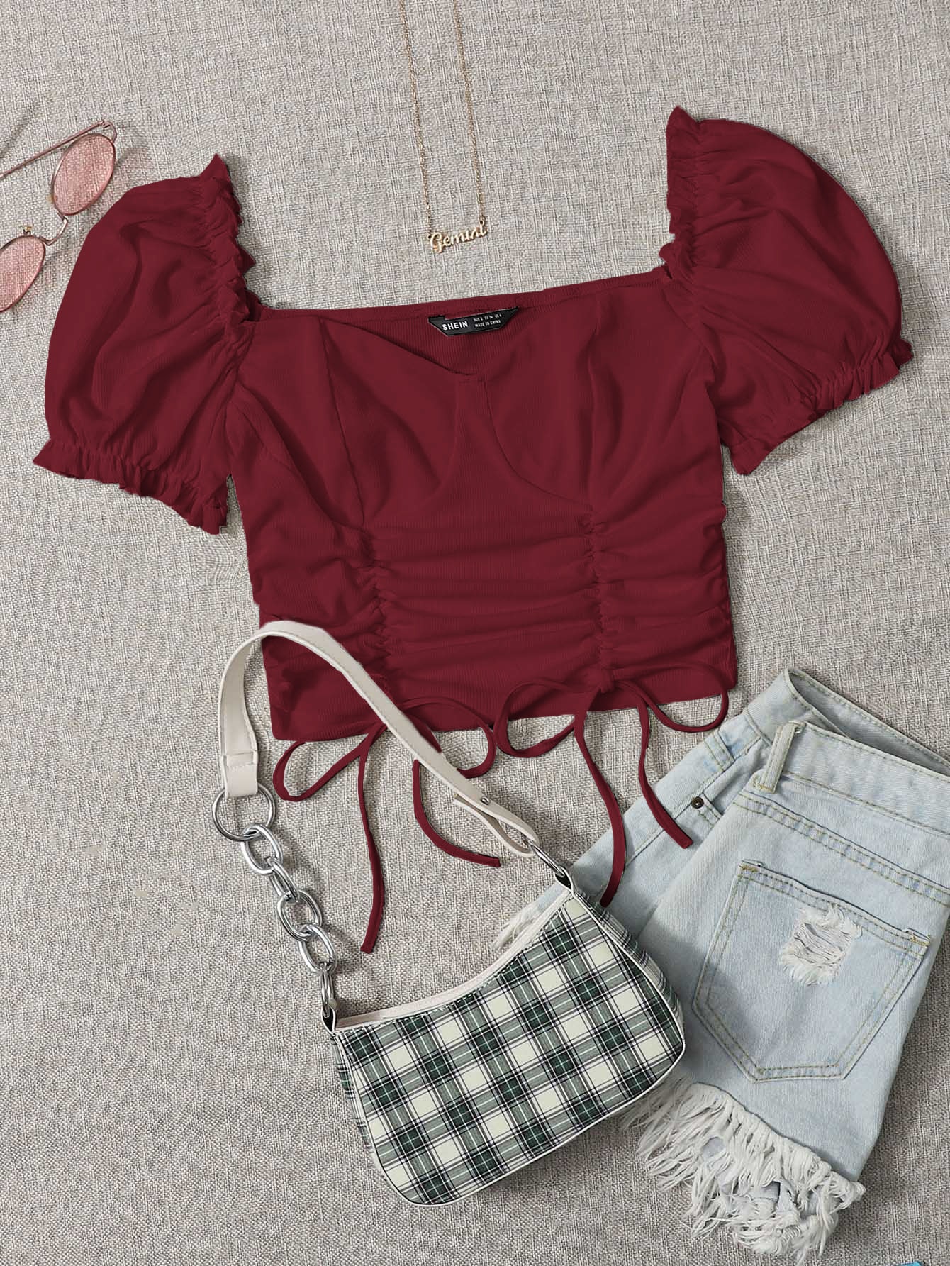 Puff Sleeve Drawstring Knot Front Top thumbnail