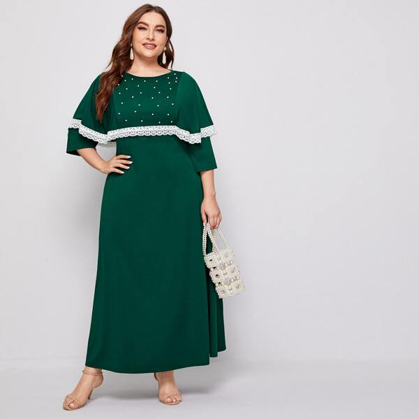 

Plus Contrast Lace Pearls Beaded Dress, Dark green