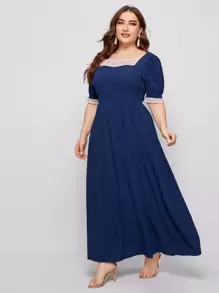 大碼泡泡袖方形領花卉面連衣裙 - 藏蓝色 - 查看 1