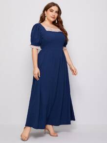 大碼泡泡袖方形領花卉面連衣裙 - 藏蓝色 - 查看 4