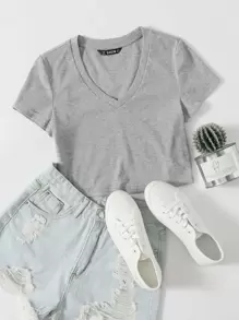 Muchica V-Neck Rib-knit Crop Top - Grey - View 1