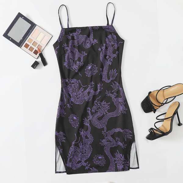

Chinese Dragon Print Slit Hem Cami Dress, Black