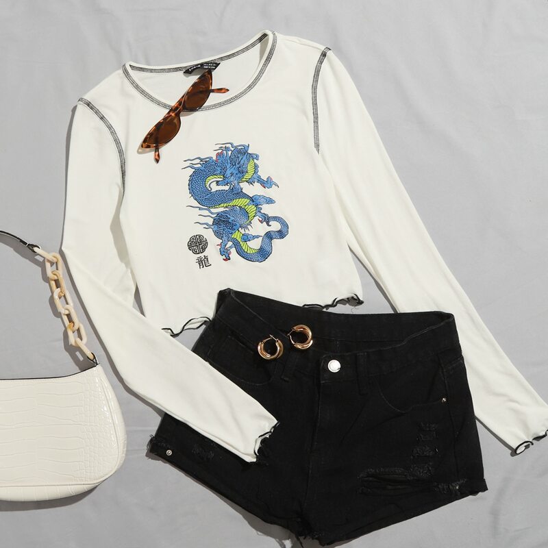 

Contrast Stitch Dragon & Letter Graphic Tee, White