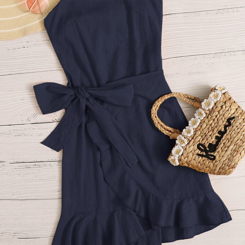 

Tied Open Back Ruffle Trim Wrap Front Cami Dress, Navy blue