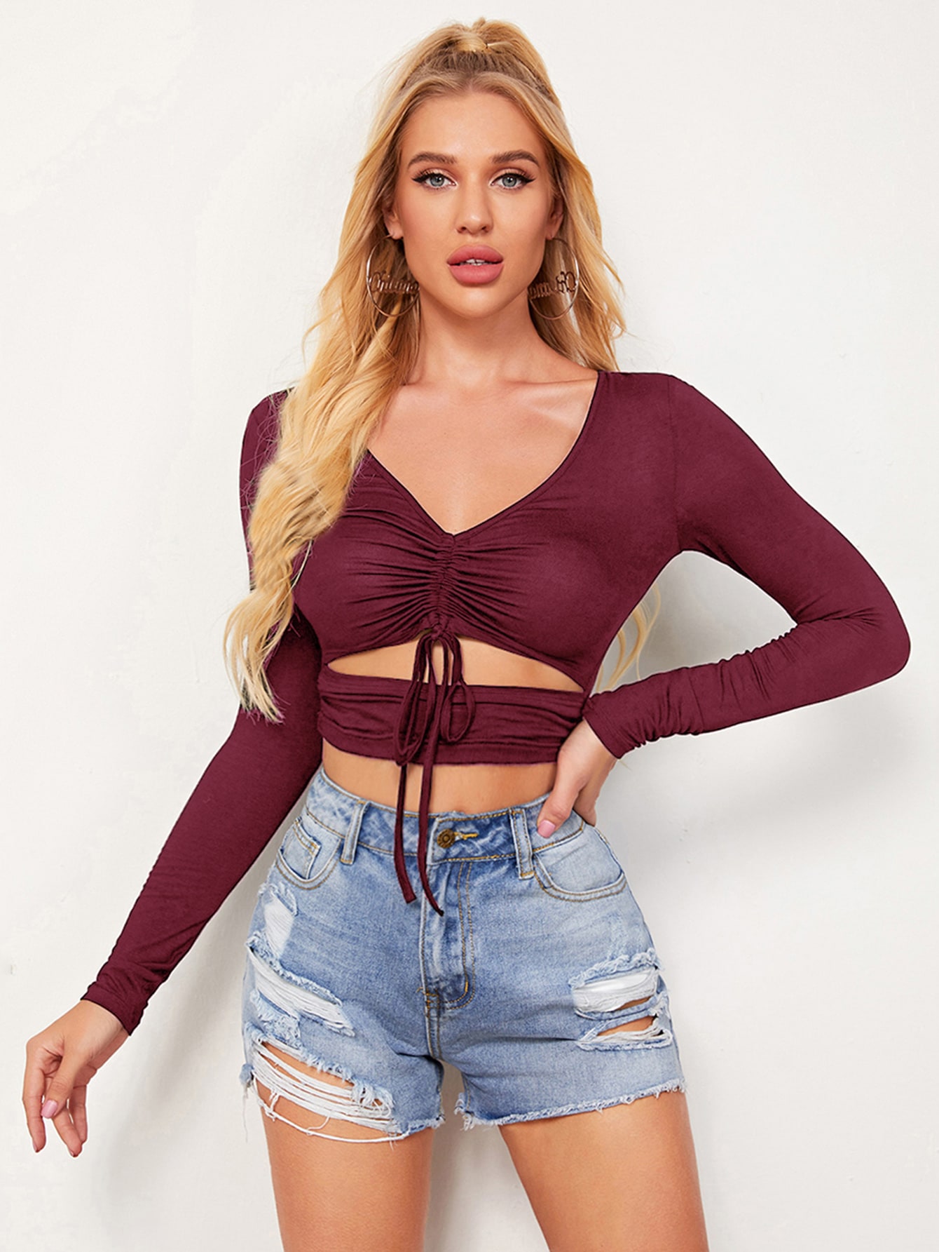 Drawstring Front Peekaboo Crop Top thumbnail