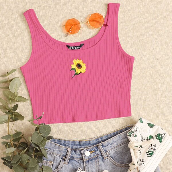 

Sunflower Embroidery Rib-knit Tank Top, Pink