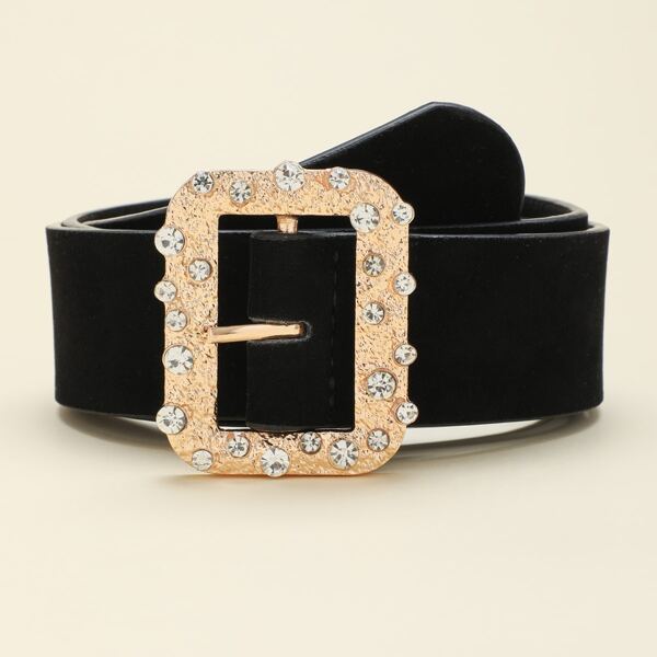 

Rhinestone Geo Buckle Wide Belt, Black