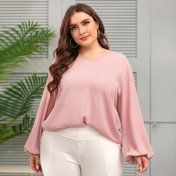

Plus V-neck Bishop Sleeve Blouse, Baby pink