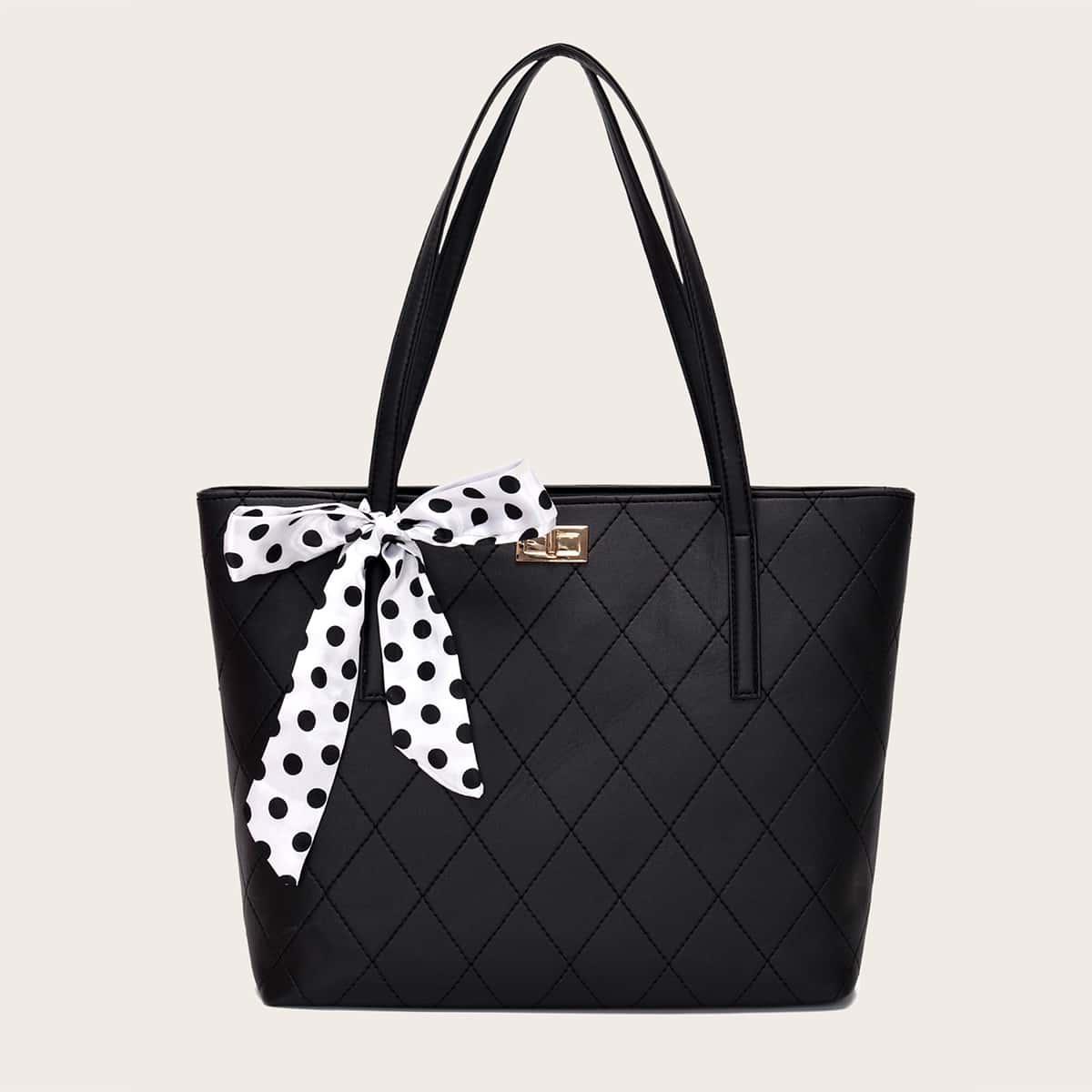 

Polka Dot Twilly Scarf Tote Bag, Black