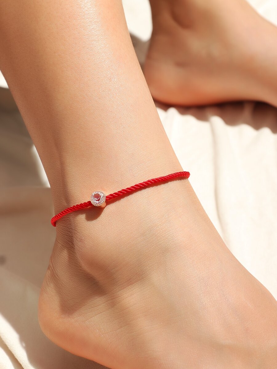 Rhinestone Inlaid Rope Anklet - Red - View 1