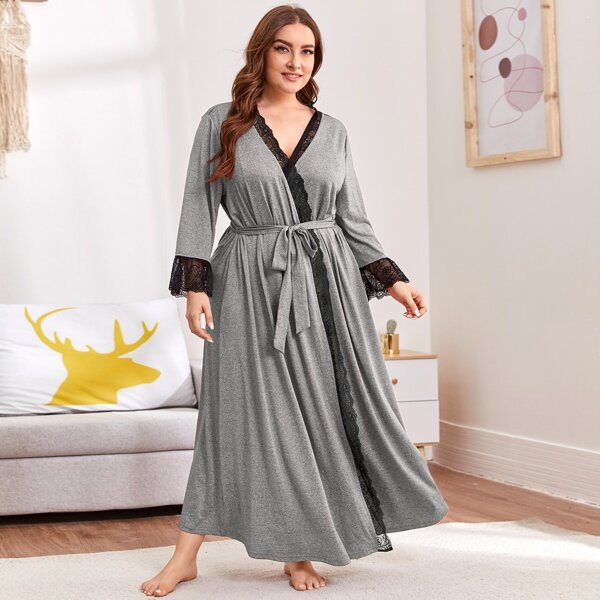 

Plus Lace Trim Self Belted Marled Robe, Grey