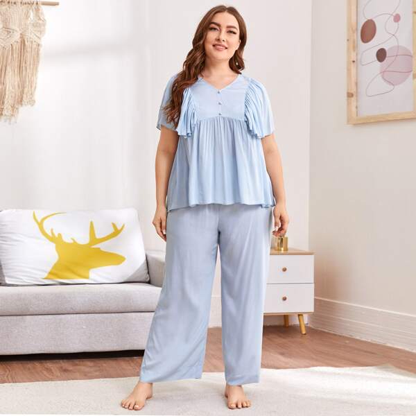

Plus Butterfly Sleeve Babydoll Top & Palazzo Pants PJ Set, Pastel baby blue