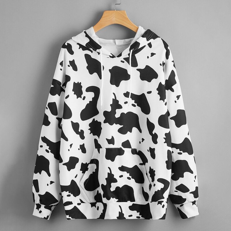 

Kangaroo Pocket Cow Print Drawstring Hoodie, Black and white