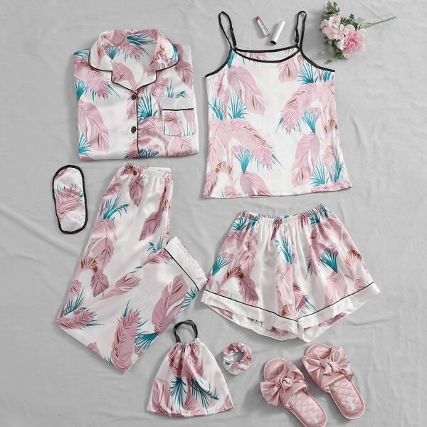 

7pcs Tropical Print Satin Pajama Set, Multicolor