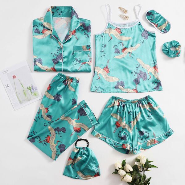 

7pcs Crane Print Satin Pajama Set, Mint blue
