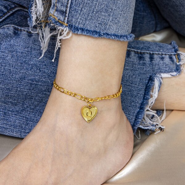 

Letter Design Heart Charm Anklet, Gold