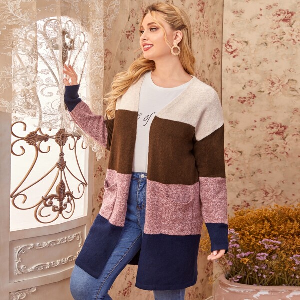 

Plus Patch Pocket Colorblock Cardigan, Multicolor