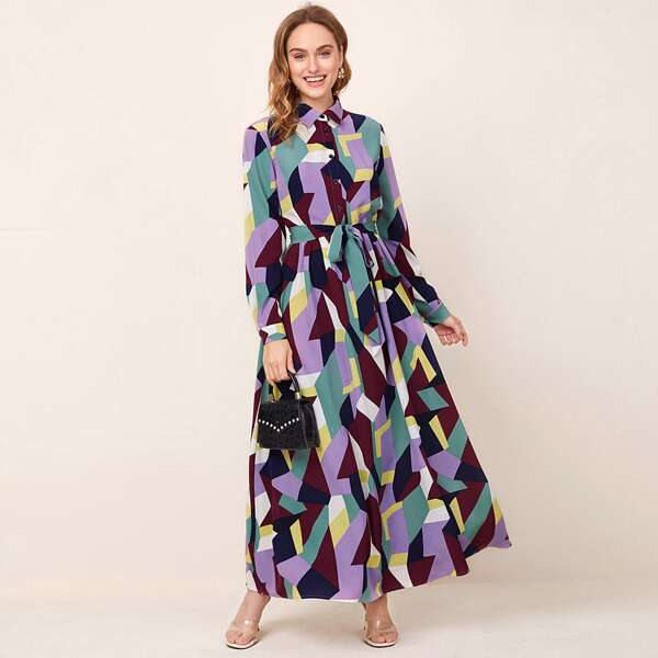 

Allover Geo Print Belted Shirt Dress, Multicolor