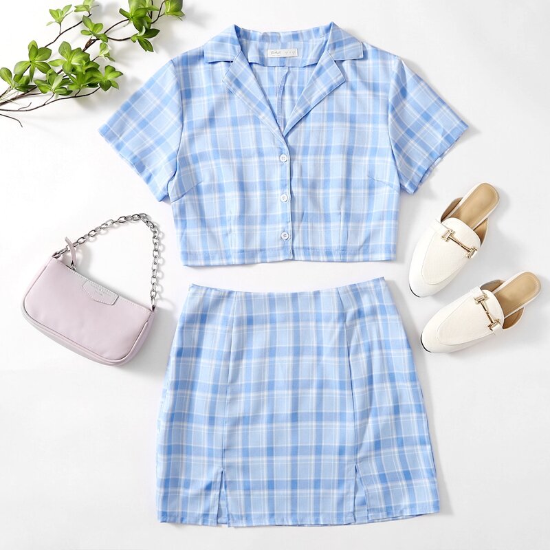 

Plaid Crop Shirt & Skirt, Baby blue