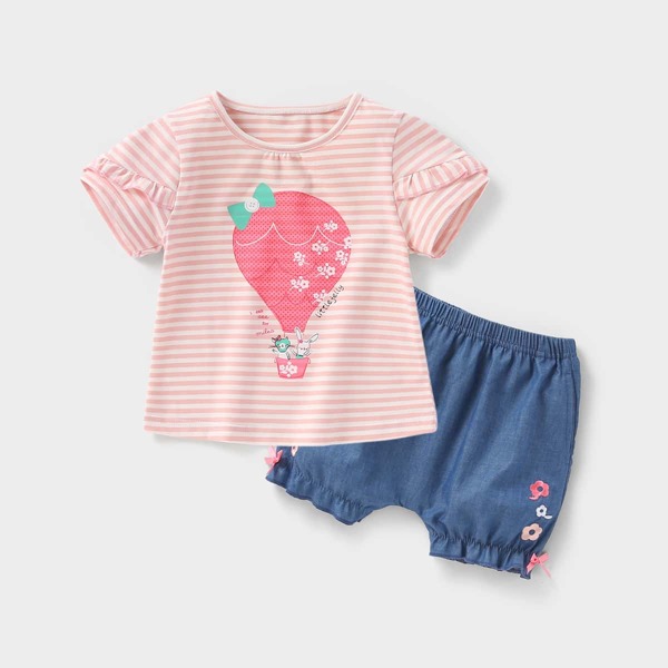 

Toddler Girls Striped Cartoon Graphic Ruffle Trim Tee & Shorts, Multicolor