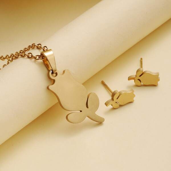 

1pc Floral Charm Necklace & 1pair Stud Earrings, Gold