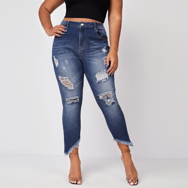 

Plus Raw Hem Ripped Skinny Jeans, Dark wash