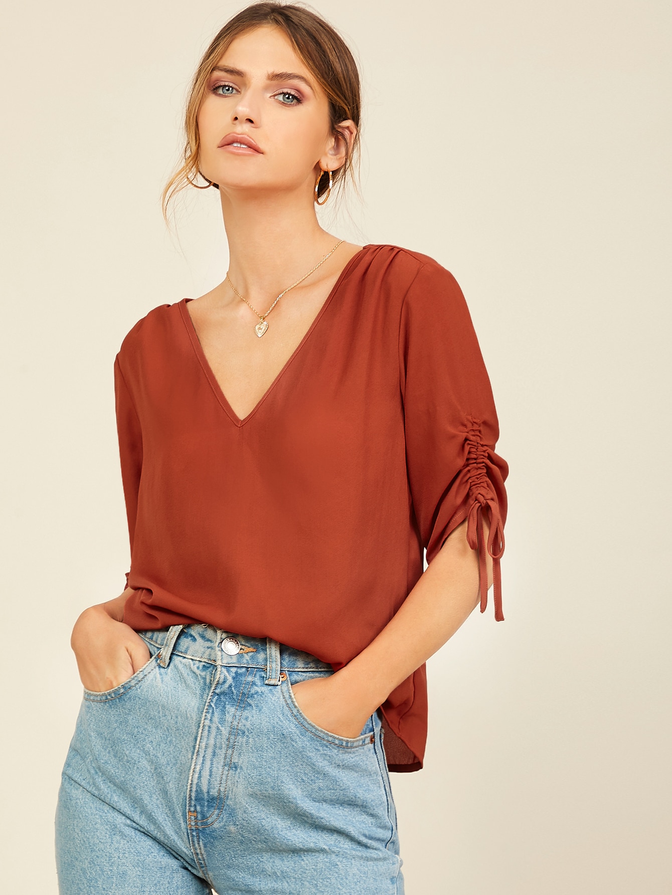 V-neck Drawstring Ruched Sleeve Solid Top thumbnail