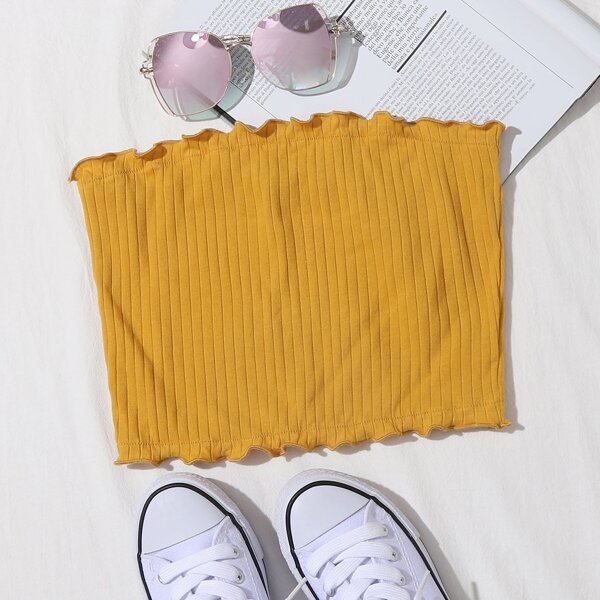 

Plus Lettuce Edge Rib-knit Tube Top, Mustard yellow