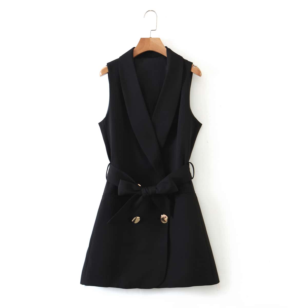 

Double Breasted Belted Blazer Vest, Black