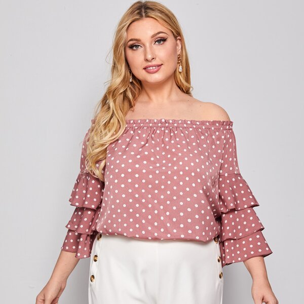 

Plus Off Shoulder Layered Sleeve Polka Dot Top, Dusty pink