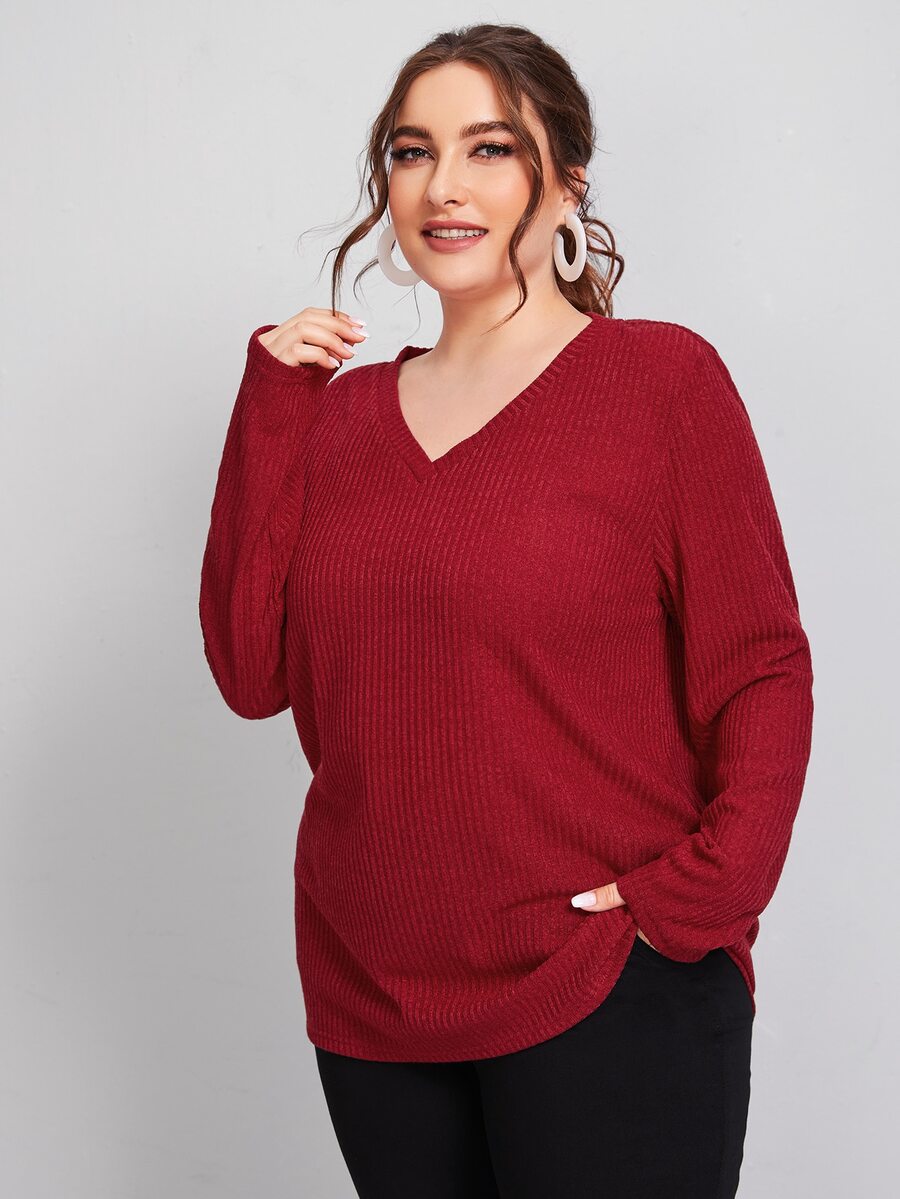 SHEIN Plus V Neck Rib-knit Solid Tee - Burgundy - View 1