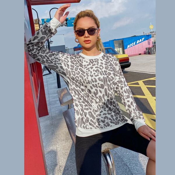 

Leopard Print Drop Shoulder Sweatshirt, Multicolor