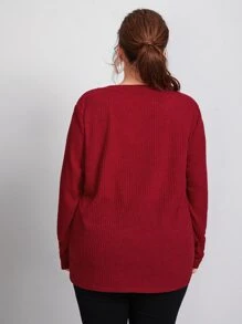 SHEIN Plus V Neck Rib-knit Solid Tee - Burgundy - View 2