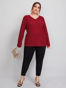 SHEIN Plus V Neck Rib-knit Solid Tee - Burgundy - View 3
