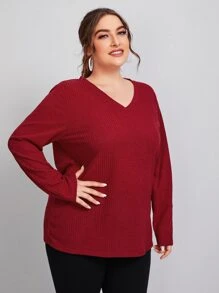 SHEIN Plus V Neck Rib-knit Solid Tee - Burgundy - View 4
