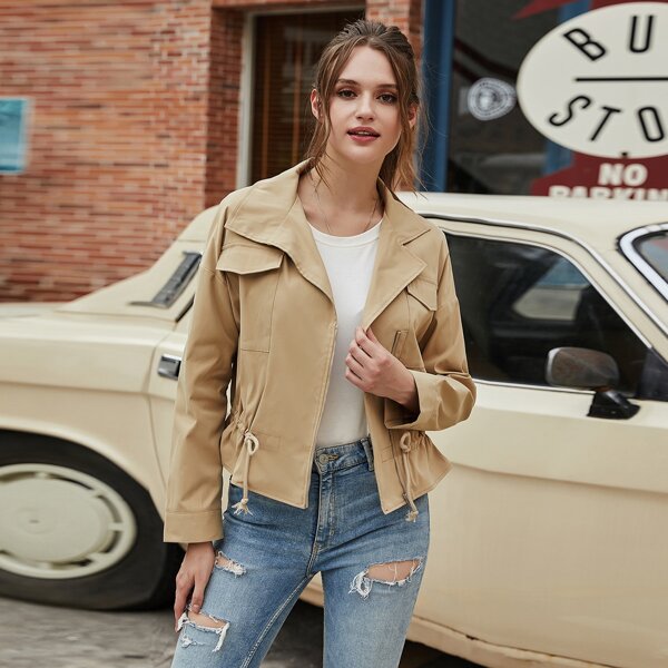 

Flap Pocket Drawstring Waist Zip Up Jacket, Khaki