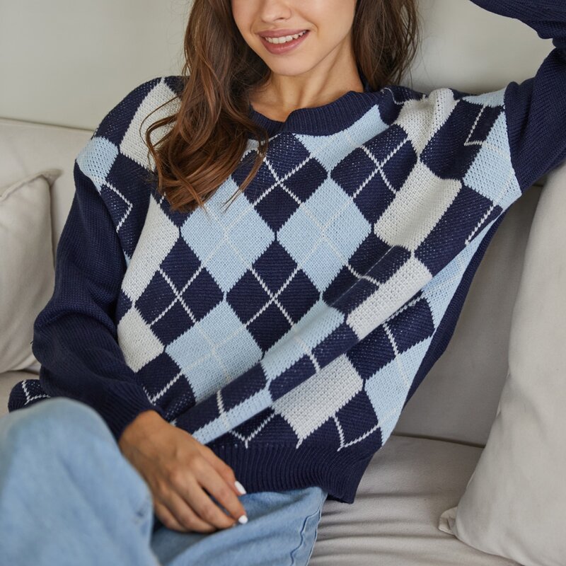 

Argyle Drop Shoulder Sweater, Navy blue