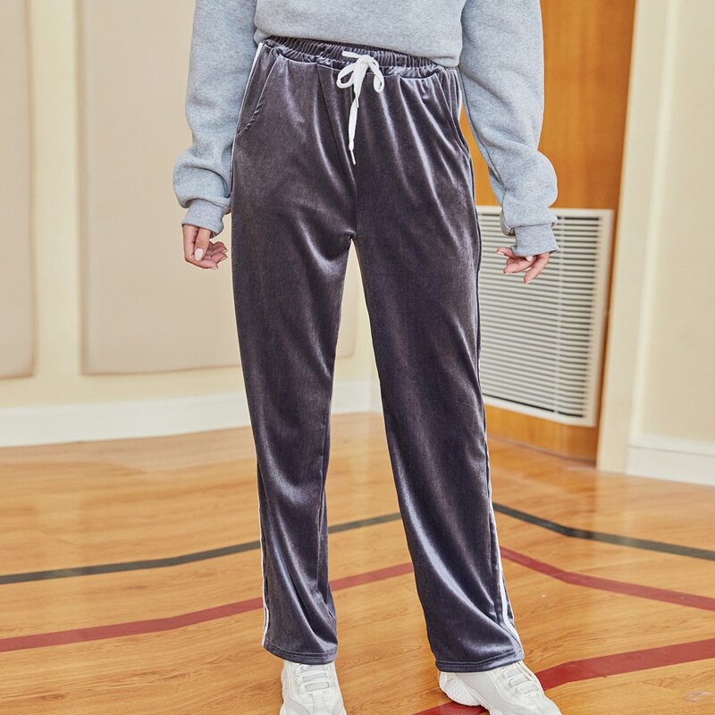 

Striped Side Drawstring Velvet Pants