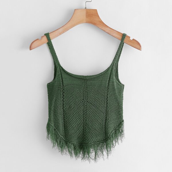 

Plus Fringe Hem Solid Cami Knit Top, Dark green