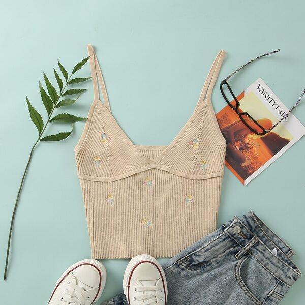 

Floral Embroidery Rib-knit Cami Top, Apricot