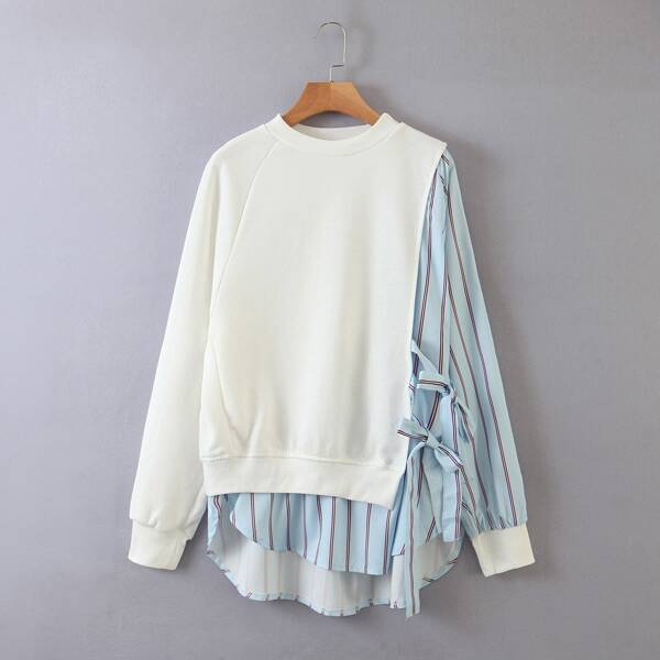 

2 In 1 Striped Tie Side High Low Sweatshirt, Multicolor
