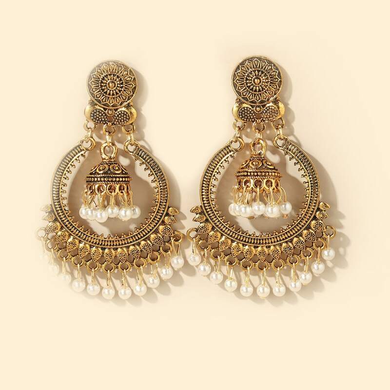 

Faux Pearl Decor Drop Jhumka Earrings, Gold