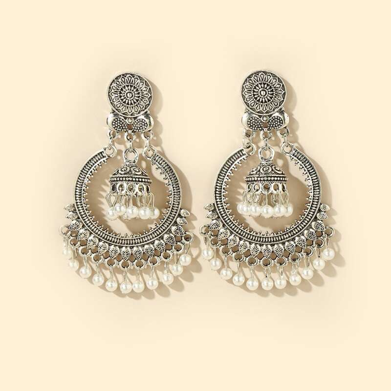 

Faux Pearl Decor Drop Jhumka Earrings, Silver