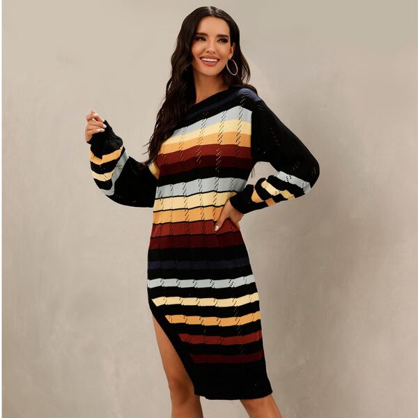 

Boat Neck Split Thigh Pointelle Knit Striped Sweater Dress, Multicolor