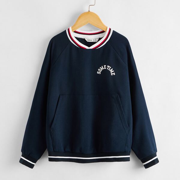 

Boys Striped Trim Letter Graphic Pouch Pocket Pullover, Navy blue