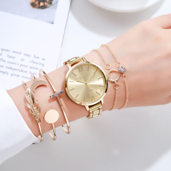 

Solid Round Dial Quartz Watch & 5pcs Bracelet