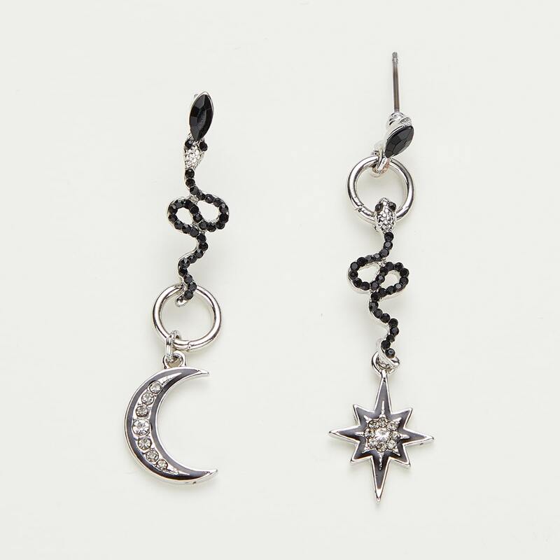 

Star Moon Snake Drop Earrings, Silver