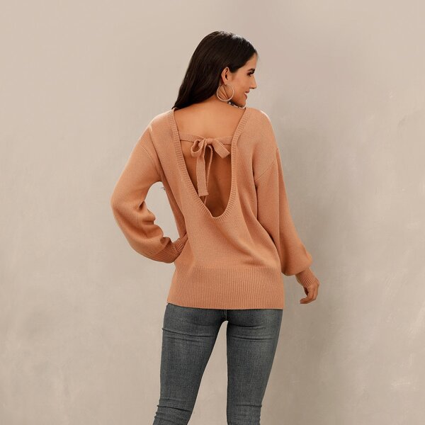 

Drop Shoulder Tie Back Cut-out Sweater, Apricot