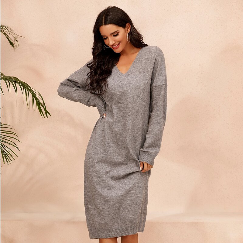 

Double V Neck Drop Shoulder Sweater Dress, Grey